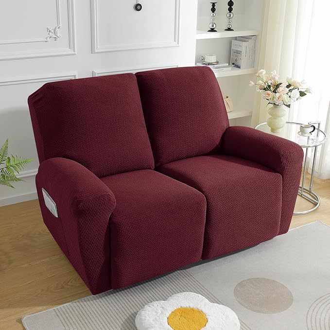 JIVINER 6-Piece Loveseat Recliner Slipcover Stretch Jacquard Recliner Sofa Cover 2 Seater Washable Reclining Couch Cover with Pocket Fitted Furniture Protector Cover (Loveseat Recliner, Wine Red)
