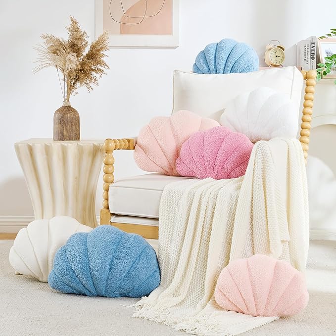 CANGHI Shell Pillow Seashell Decorative Pillow Blue Beachy Coastal Shell Shaped Throw Pillows 18x13 Inch Soft Ocean Beach Sea Shell Plush Pillows Cushion for Bed Couch Living Sofa Room Decor