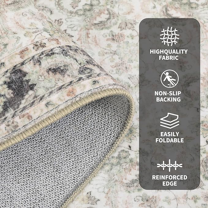 GarveeHome Washable Rugs 5x7 Vintage Floral Area Rugs for Living Room Bedroom, Ultra Soft Retro Accent Carpet, Non Slip Low Pile Floor Mats for Dining Room, Home Office Decor, Beige