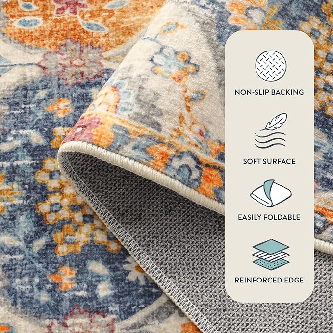 Lahome Moroccan Hallway Runner Rug, 2'5''x8' Ultra-Thin Washable Runners for Hallways Kitchen, Oriental Laundry Room Rug Non-Slip Carpet for Entryway Bedroom Bathroom Elise, Cream/Multi