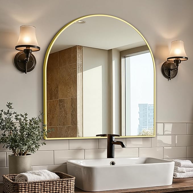 Vanity Bathroom Mirror for Wall, 32”x30” Arched Bathroom Mirror for Over Sink, Arched Metal Frame for Bedroom, Living Room, Entryway, Hanging or Leaning, Gold