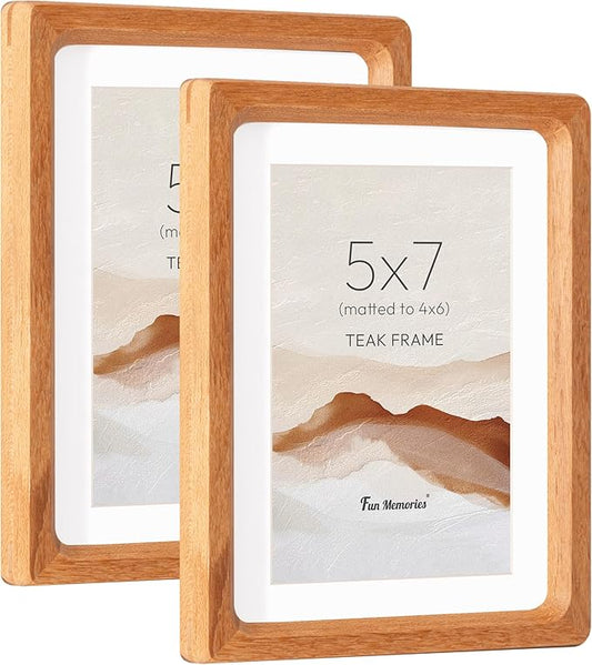 5x7 Picture Frame Set of 2, USA-Sourced Teak Wood Photo Frame with HD Tempered Glass, Handcrafted Rounded Corner 5 x 7 Wooden Frames Matted to 4x6 Photos, 5x7 Frames, Tabletop or Wall Display