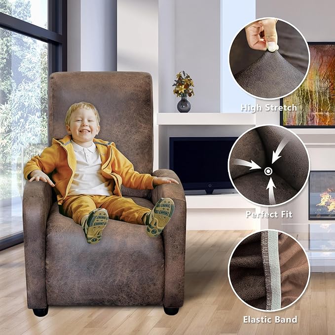 ANARACHON Recliner Chair Covers Leather Look Recliner Cover 4-Piece Slipcovers for Small Reclining Chair Furniture Protector for Kids Dogs Pets Spandex Fabric Washable (1 Small Seater, 02 Brown)