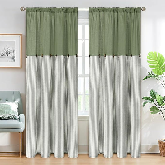ASPMIZ Cotton Linen Curtains for Living Room, Rod Pocket & Back Tab Boho Curtains for Bedroom Green, Country Farmhouse Striped Curtain with Rustic Buttons, Home Decor, 52 x 84 Inch, 2 Panels