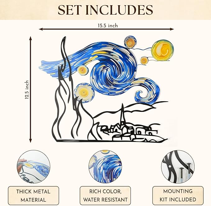 97 Decor Metal Wall Art For Living Room - Vincent Van Gogh Wall Art Abstract Sculptures, Unique Famous Artist Artwork Starry Night Decor For Home Bedroom Bathroom Decorations