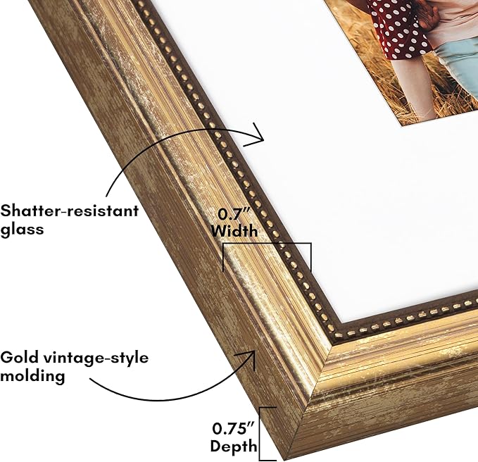 Americanflat Vintage Frames - 11x14 Picture Frame with Beaded Accents and Shatter-Resistant Glass - Use as 8x10 Frame or Display 11x14 Photos Without Mat - Heirloom Collection - Wall Display - Gold