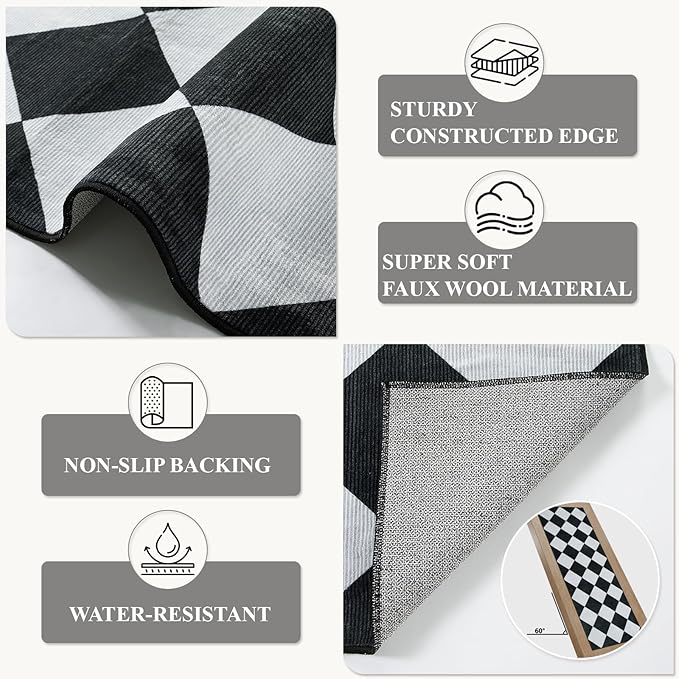 Beeiva Checkered Print Black Bathroom Runner Rug 2x6, Washable Ultra Thin Non Slip Laundry Room Rug Moroccan Stain Resistant Kitchen Runner, Modern Trellis Carpet for Hallway Bedroom Entryway Decor