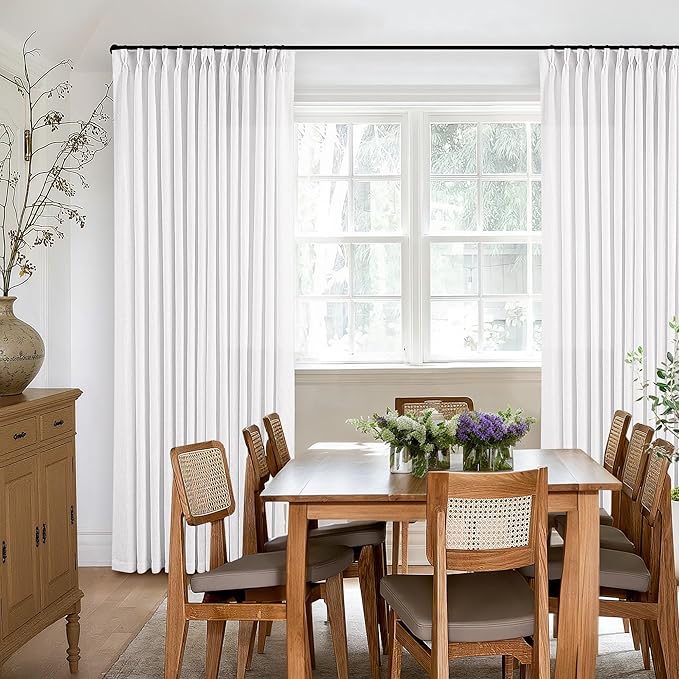 TWODRAPES Snow White Pinch Pleated Linen Curtains 92 Inches Long 2 Panels for Living Room Bedroom Memory Training Shaped Semi Sheer Pleat Drapes with Hooks Rings Light Filtering Window Curtain 40x92