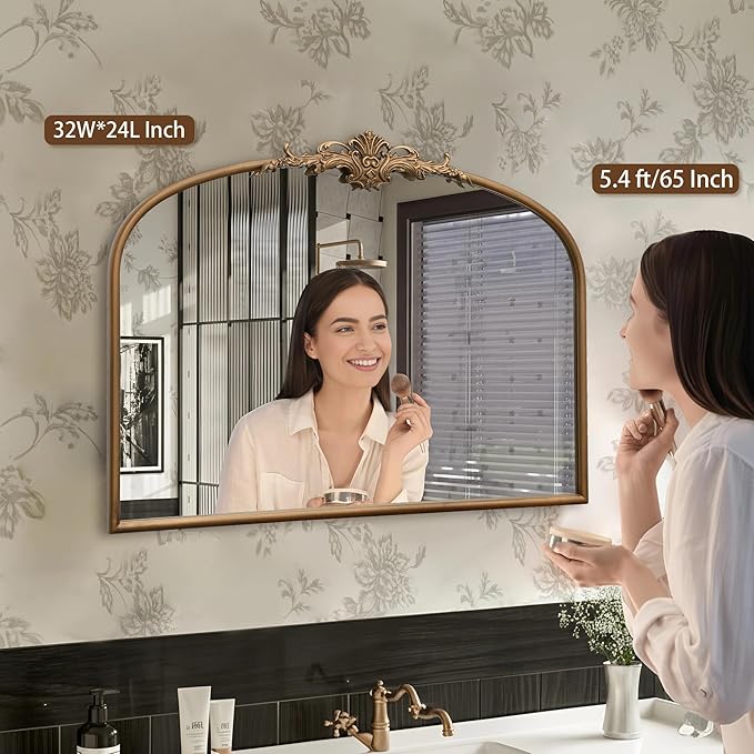 Besdomus Vintage Arched Gold Mirror: 32"x24" French Large Vintage Vanity Wall Mirror - Baroque Decorative Traditional Ornate for Bedroom/Fireplace/Bathroom/Hallway - Wall Decor for Fashion-Conscious