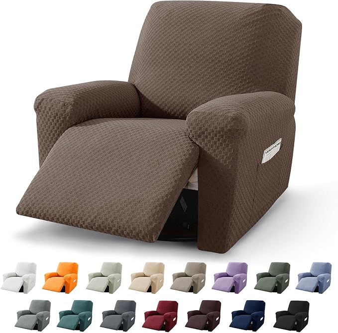 YEMYHOM 4 Pieces Stretch Recliner Slipcover Latest Jacquard Recliner Chair Cover with Side Pocket Anti-Slip Fitted Recliner Cover Couch Furniture Protector with Elastic Bottom (Recliner, Light Coffee)