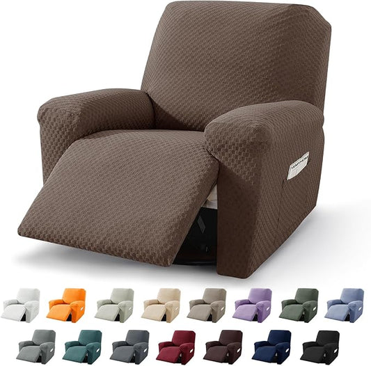 YEMYHOM 4 Pieces Stretch Recliner Slipcover Latest Jacquard Recliner Chair Cover with Side Pocket Anti-Slip Fitted Recliner Cover Couch Furniture Protector with Elastic Bottom (Recliner, Light Coffee)