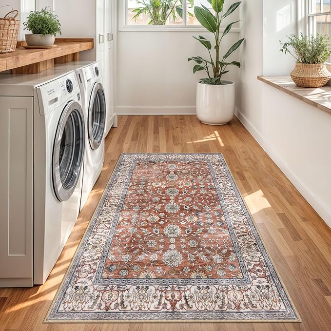 KUTA 3x5 Rugs for Entryway, Vintage Floral Area Rug Washable Non-Slip Red Clay Ultra Thin Soft Printed Distressed Entry Low-Pile Throw Carpet for Bedroom Nursery Living Room