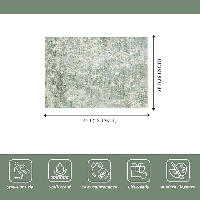 3x4 Washable Entryway Area Rug – Non-Slip Modern Abstract Small Area Rug for Kitchen, Bedroom, Bathroom – Soft Low-Pile Thin Indoor Door Mat (Sage Green,3x4)
