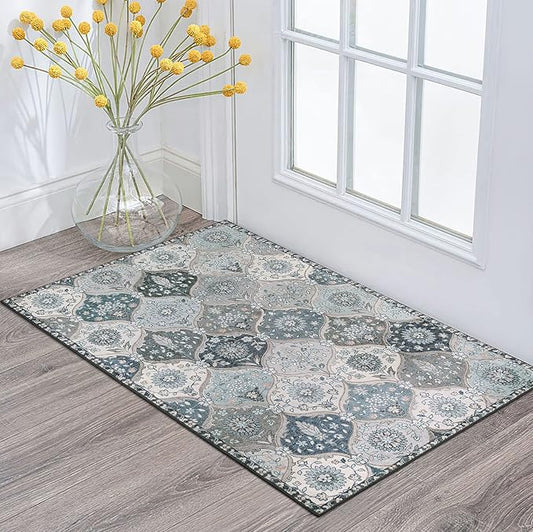 Lahome Moroccan Trellis Front Door Mat Indoor Entrance, 2x3 Rugs for Entryway Non-Slip Washable Indoor Door Mat, Oriental Accent Small Rug for Kitchen Bedroom Bathroom Elise, Blue