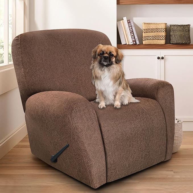 ANARACHON Recliner Chair Covers Leather Look, 4 Pieces Recliner Covers Non Slip, Soft Slipcovers for Large Recliners, Furniture Protector Washable for Pets (1 Seater, 05 Brown)