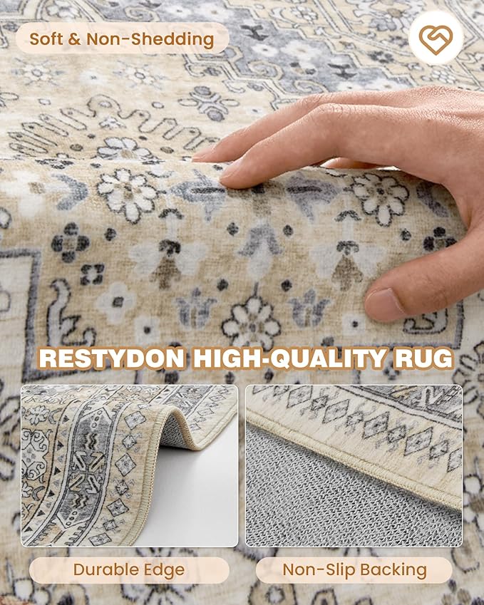 3x5 Washable Area Rug for Entryway, Kitchen Rugs Non Slip for Dining Room, Vintage Floral Soft Living Room Rug, Thin Area Rug Indoor for Bedroom, Kids Room Decor(Beige,3'x5')