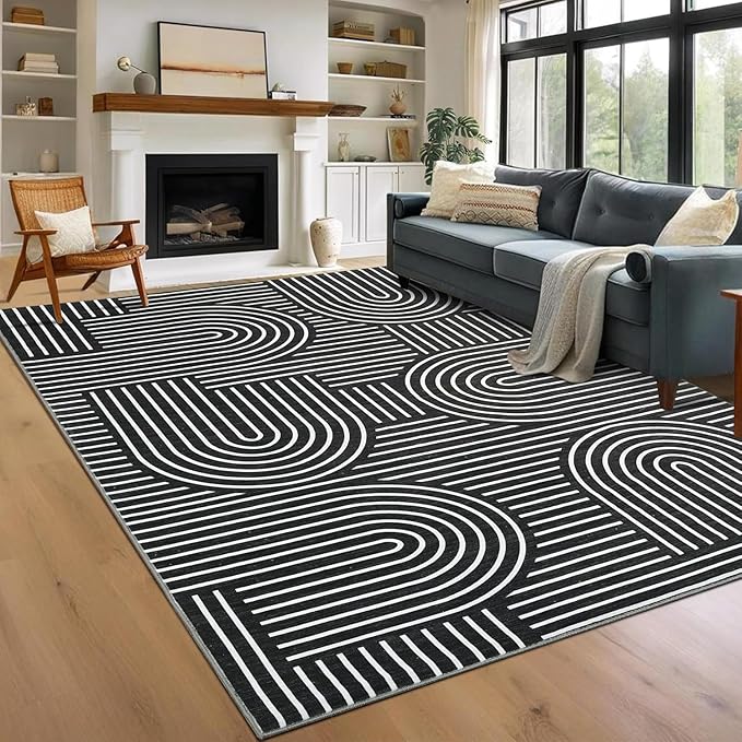 ROYHOME Washable Rug 10x13 Area Rugs for Living Room, Abstract Rug for Bedroom, Soft Rainbow Rugs with Rubber Back, Low Pile Stain Resistant Boho Geometric Rug for Dining Room, Black
