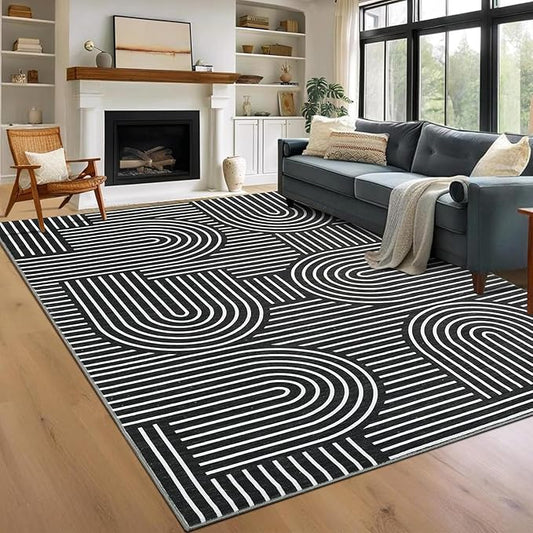 ROYHOME Washable Rug 10x13 Area Rugs for Living Room, Abstract Rug for Bedroom, Soft Rainbow Rugs with Rubber Back, Low Pile Stain Resistant Boho Geometric Rug for Dining Room, Black