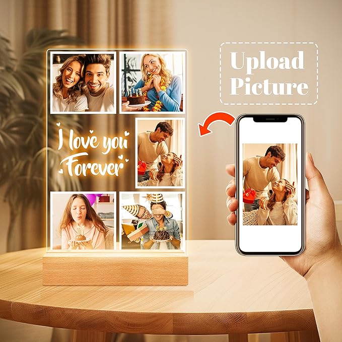 Custom Picture Frames, Customized Photo Frame with Night Light, Personalized Picture Frame, Personalized Anniversary Couples Gifts for Women Men Her Him Girlfriend Boyfriend Wife