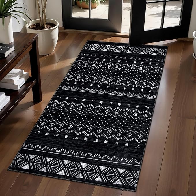 SERISSA 2x4 Rugs for Entryway, Washable Non-Slip Kitchen Runner Rug Small Black and White Rug, Soft Low-Pile Boho Geometric Door Mat Indoor Entrance Front Door Carpet for Bedroom Bathroom