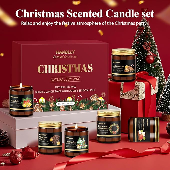 Christmas Scented Candles Set, 6 Pack Winter Scented Candles for Home, Holiday Gifts for Women & Men, Soy Candles Scents of Christmas Tree, Spice, Wreath, Apple Cinnamon, Chocolate Orange, Jingle Bell