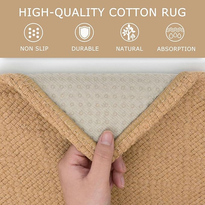 KOZYFLY Washable Area Rug 2x3 Ft Small Entryway Rug Throw Rugs with Rubber Backing Indoor Door Mat, Braided Cotton Floor Carpet for Front Entrance Bathroom Kitchen Foyer, Warm Tan
