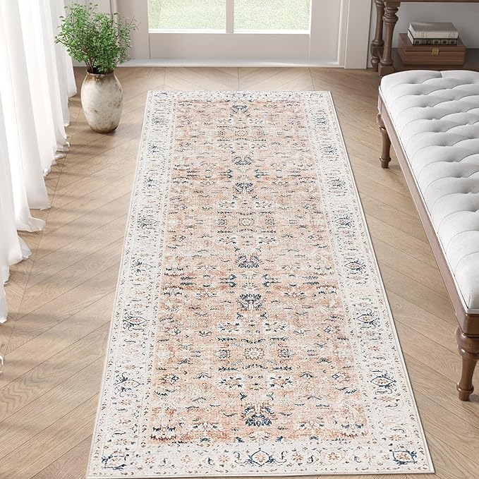 jinchan Runner Rug 2x5 - Hallway Rug Kitchen Washable Runner Vintage Floral Boho Lightweight Thin Non-Slip Retro Distressed Carpet for Entryway Bathroom Bedroom Laundry Room Pink Blush