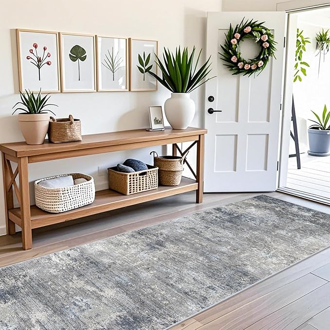 3x12 ft Non Skid Hallway Runner Rug - Long Washable Stain Resistant Low Pile Thin Carpet Runners for Kitchen Entryway Bathroom,Modern Abstract Neutral（Blue Grey,3x12）