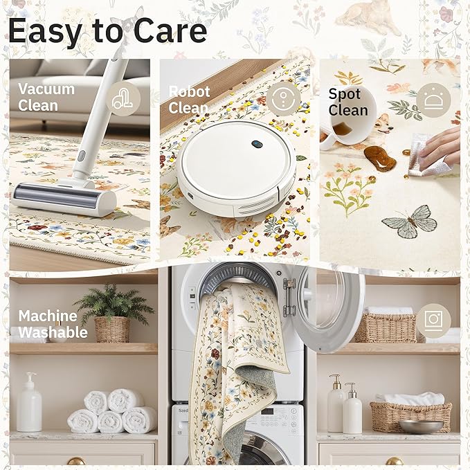Soalmost Dog 5x7 Area Rugs for Living Room, Machine Washable Animal Floral Vintage Rug Non-Slip Low Pile Soft Throw Rugs for Kitchen Dining Room Bedroom Nursery Playroom (5 x 7,Beige)