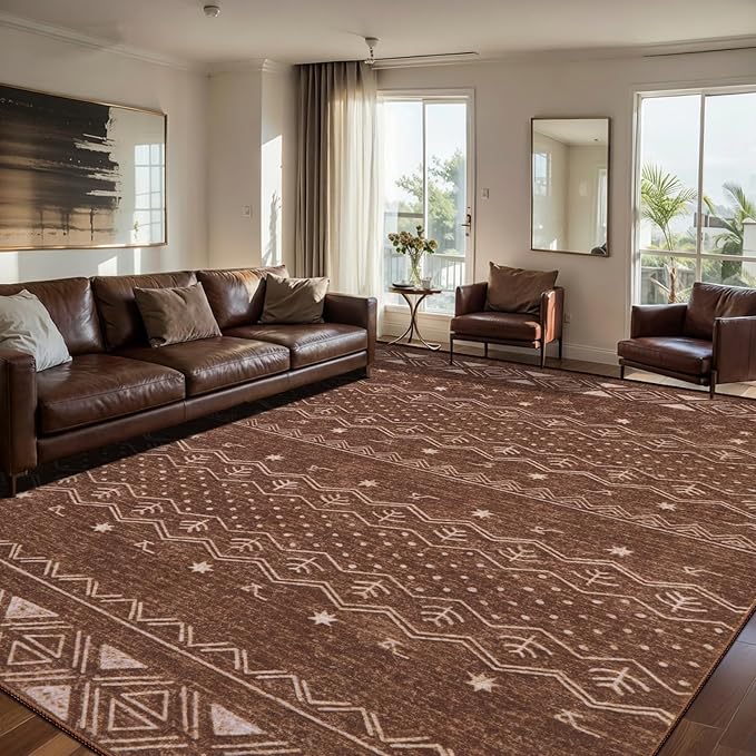 SERISSA 8x10 Area Rugs for Living Room, Washable Non-Slip Coffee Brown Boho Rug, Soft Low-Pile Geometric Indoor Large Carpet for Dining Room Bedroom Home Office Playroom