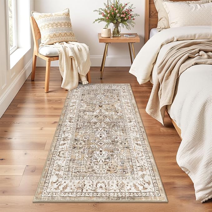 LOKHOM Washable Entryway Runner Rugs, 2x4 Non-Slip Vintage Soft Small Area Rug, Boho Floral Kitchen Runner Carpet Door Mat Indoor Entrance Accent Throw Rugs for Bedroom Laundry (Beige Brown)