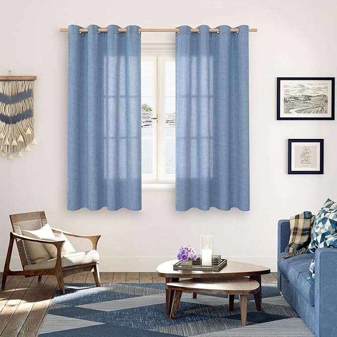 YoungsTex Blue Linen Curtains 68 Inch Length for Living Room Window, Semi Sheer Light Filtering Drapes with Bronze Grommet Privacy for Dining Bedroom, 52 x 68 Inch, 2 Panels