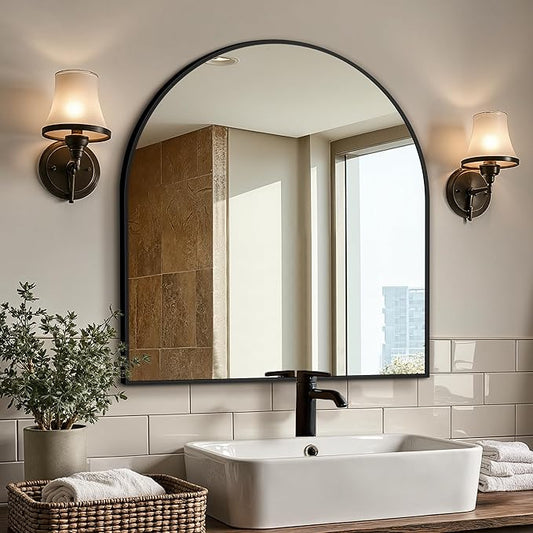 Vanity Bathroom Mirror for Wall, 32”x30” Arched Bathroom Mirror for Over Sink, Arched Metal Frame for Bedroom, Living Room, Entryway, Hanging or Leaning, Black