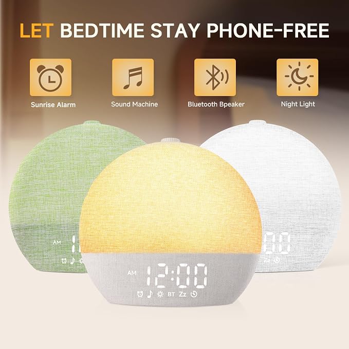 Geuuap Sunrise Alarm Clock White Noise Machine with Bluetooth Speaker,Khaki | 30 Soothing Sounds, 17 Dimmable lights, Simulated Sunrise, Backup Battery Memory, Auto-off Sleep Timer, Screen-Free Design - Image 2