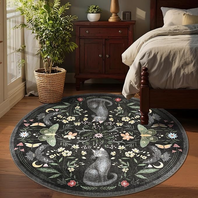GarveeHome Round Area Rugs 5ft for Bedroom, Cat Black Washable Circle Rug Soft Non Slip Mushroom Floral Floor Mat Carpet Indoor Thin Rug for Bedroom Dining Room Playroom Nursery Gothic Decor