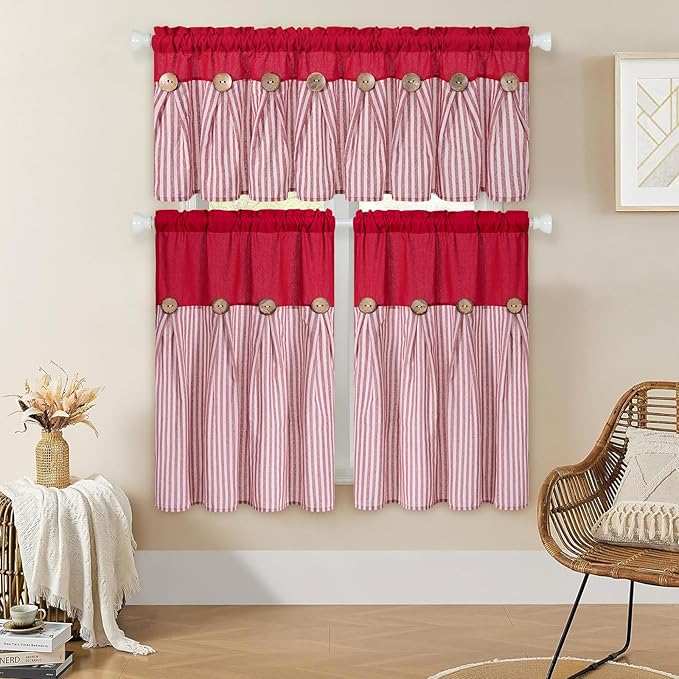 ASPMIZ Boho Linen Kitchen Curtains 36 Inch Length, Farmhouse Kitchen Window Curtain Over Sink, Red Striped Short Curtains for Small Windows, Bathroom, Rod Pocket Window Treatment Tiers with Button