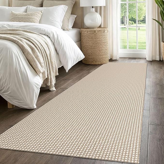 IOHOUZE Washable Runner Rug 2.6x8 Non Slip Rubber Backed Wide Hallway Runner Entryway Runner Indoor, Kitchen Rugs Woven Cotton Floor Carpet for Hall Entrance Bedroom, Beige/Khaki