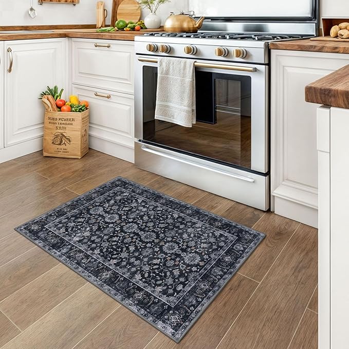 KUTA Vintage Floral Entryway Rug 2x3, Kitchen Rugs Non-Slip Washable Throw Rug, Black Grey Orange Ultra Thin Soft Print Front Door Mat Indoor Doormat for Entrance, Bedside, or Small Spaces