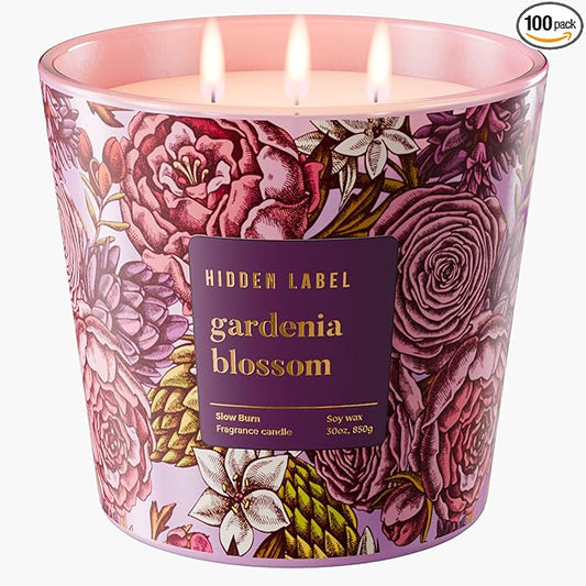 Hidden Label Gardenia Blossom Scented Candle, 30oz Large 3 Wick Natural Soy Wax Candle, 100 Hours Slow Burn Aromatherapy Candle for Stress Relief, Relax & Sleep, Gifts for Women & Men