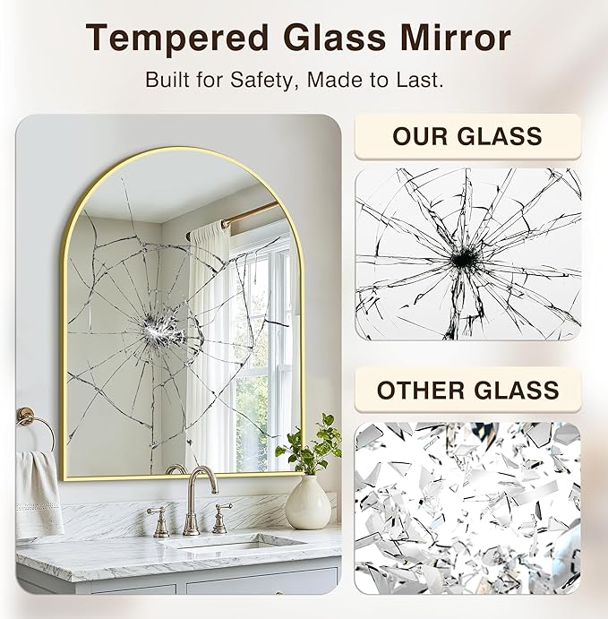Vanity Bathroom Mirror for Wall, 40"x30" Arched Bathroom Mirror for Over Sink, Arched Metal Frame for Bedroom, Living Room, Entryway, Hanging or Leaning, Gold