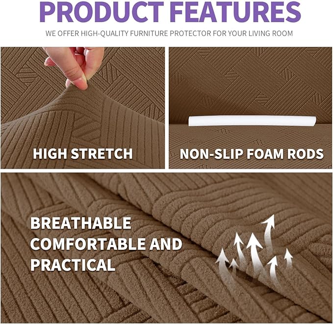 ZNSAYOTX Oversized Super Stretch Couch Cover (92"-115"), New Striped Sofa Covers Comfortable & Durable, Dog Cat Pets Friendly Extra Large Spandex Sofa Slipcovers (Light Coffee, XL Sofa)