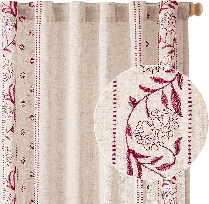 jinchan Red Floral Linen Curtains for Bedroom 84 Inches Length Holiday Curtain Embroidered Bordered Curtains for Living Room Farmhouse Decor Light Filtering Window Treatments Red on Beige 2 Panels