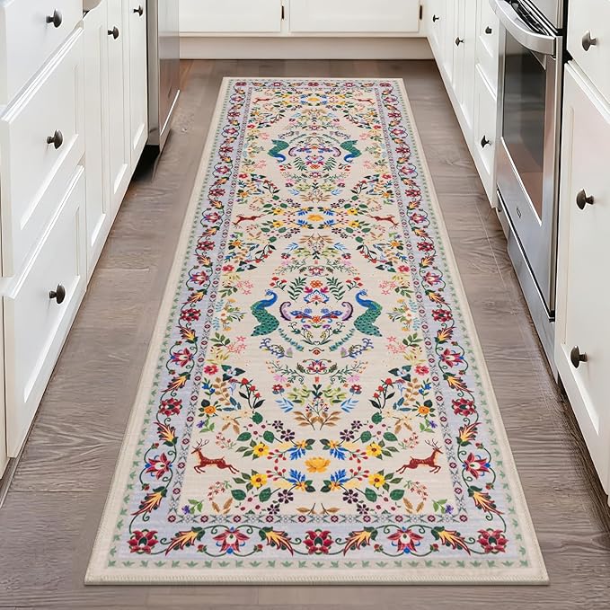 HEBE Washable Hallway Runner Rug 2'x 6' Non Slip Kitchen Rugs Runner,Low Pile Entryway Rug Laundry Room Mat Floral Carpet Runners for Hallways, Kitchen,Bathroom,Laundry,Bedside Rug