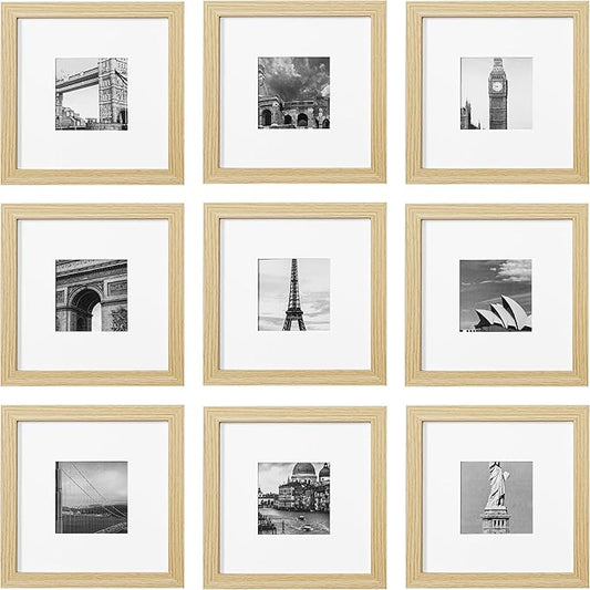 eletecpro 8x8 Picture Frames Set of 9 with Mat for 4x4 Photos or without Mat for 8x8, Square Gallery Wall Decor Collage for Picture Display, Natural Frame Set for Wall Hanging