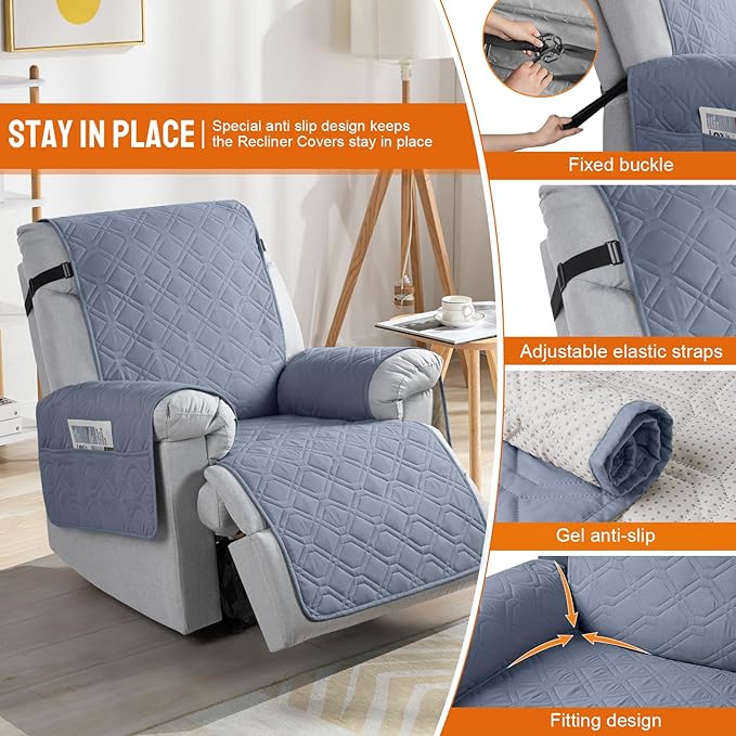 VANSOFY 100% Waterproof Recliner Chair Covers, Recliner Cover Non-Slip Dog Chair Cover Furniture Protector Washable Slipcover with Pocket, Elastic Straps for Pets, Dogs(Slate Gray, 25")