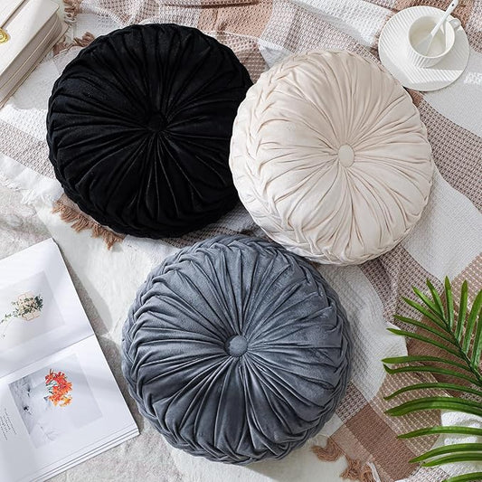 Drydiet 3 Pcs Round Throw Velvet Pillows Decorative Pleated Throw Pillows 15'' Diameter Accent Pumpkin Boho Chair Cushion for Couch Sofa Home Decoration (Black,White,Gray)