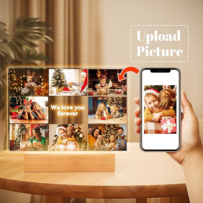 Custom Picture Frames with Photos, Personalized Photo Picture Frame, Customized Photo Frame with Night Light, Personalized Christmas Photo Gifts for Women, Men, Mom, Dad, Kids, Baby, Family, Friends