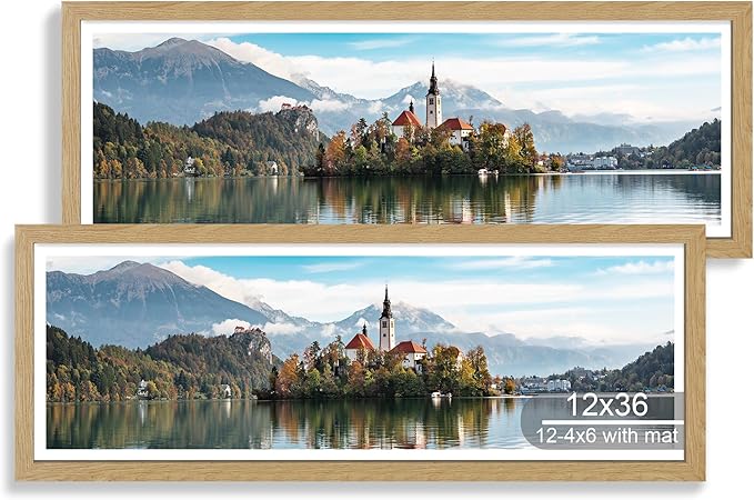 12x36 Picture Frame 2 Packs, Real Glass and Natural Oak Wood Frame, Display Collage Pictures Twelve 4x6 With Mat or Pennant 12 x 36 Without Mat - Horizontal or Vertical Wall Mounting
