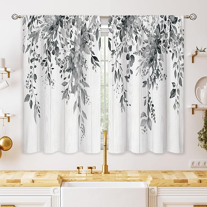 Farmhouse Wooden Grey Eucalyptus Botanical Leaves Floral Window Curtains Rustic Flower Plant Wildflower Farmhouse Curtain Drapes Herb Curtains for Bedroom Living Room Treatment 42Wx45H Inch