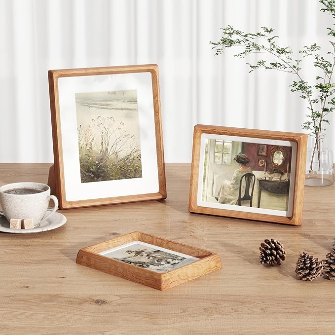 Fun Memories 6x8 Picture Frame, USA-Sourced Cherry Wood Photo Frames with HD Tempered Glass, Handcrafted Rounded Corner 6 x 8 Wooden Frames Matted to 5x7 Photos, 6x8 Frame, Tabletop or Wall Display